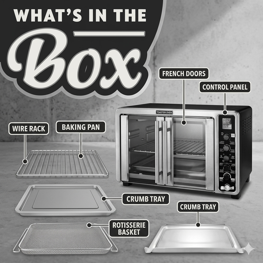 Gourmia French Door Air Fryer 25 Qt Large Capacity Convection Oven, Fryfroce 360°, Digital Display with 17 Cooking Presets, Bake, Toast, Roast, Dehydrate, Fits 12 Pizza