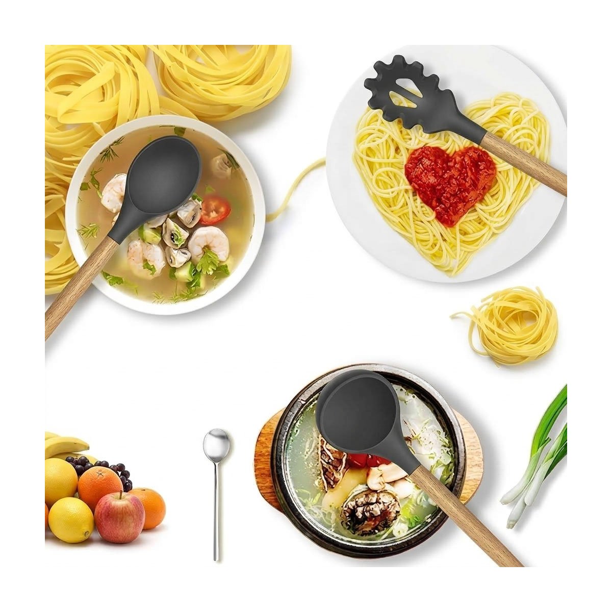 Charcoal Gray Silicone Cooking Utensils Set with Wooden Handles (14-Piece)