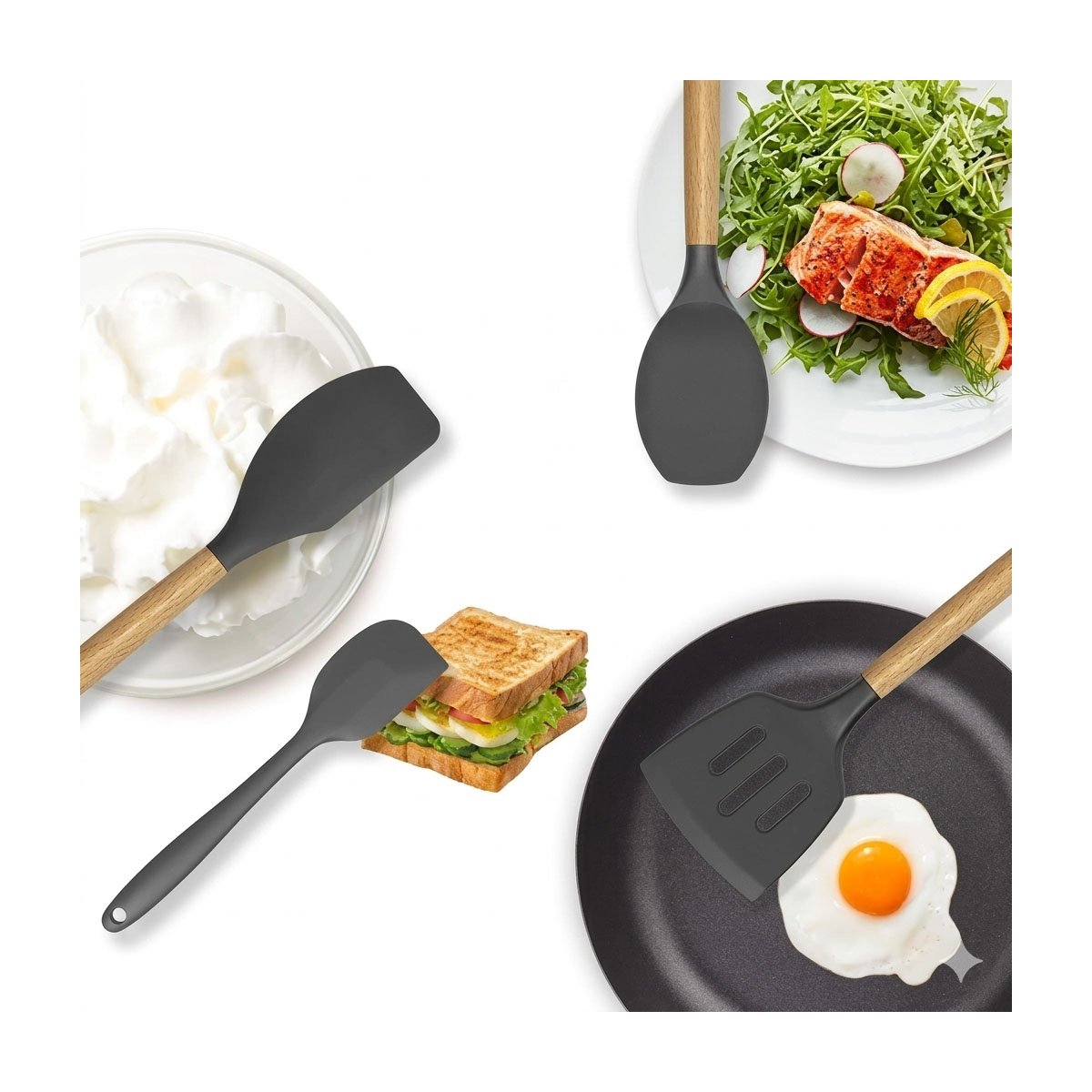 Charcoal Gray Silicone Cooking Utensils Set with Wooden Handles (14-Piece)