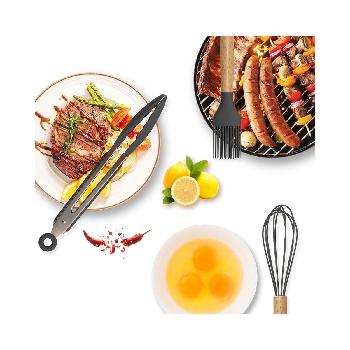 Charcoal Gray Silicone Cooking Utensils Set with Wooden Handles (14-Piece)
