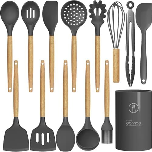 14-Piece Silicone Kitchen Utensils Set with Wooden Handles