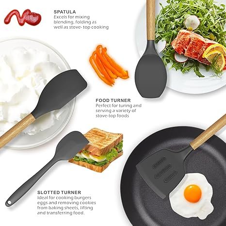 14-Piece Silicone Kitchen Utensils Set with Wooden Handles