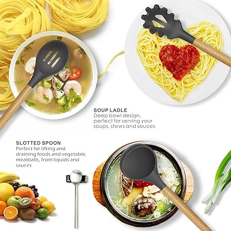 14-Piece Silicone Kitchen Utensils Set with Wooden Handles