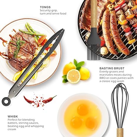 14-Piece Silicone Kitchen Utensils Set with Wooden Handles